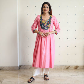 Buy Srikalahasti Kalamkari Patchwork Plain Linen Cotton Long A-Line Kurta 28 Online at iTokri.com