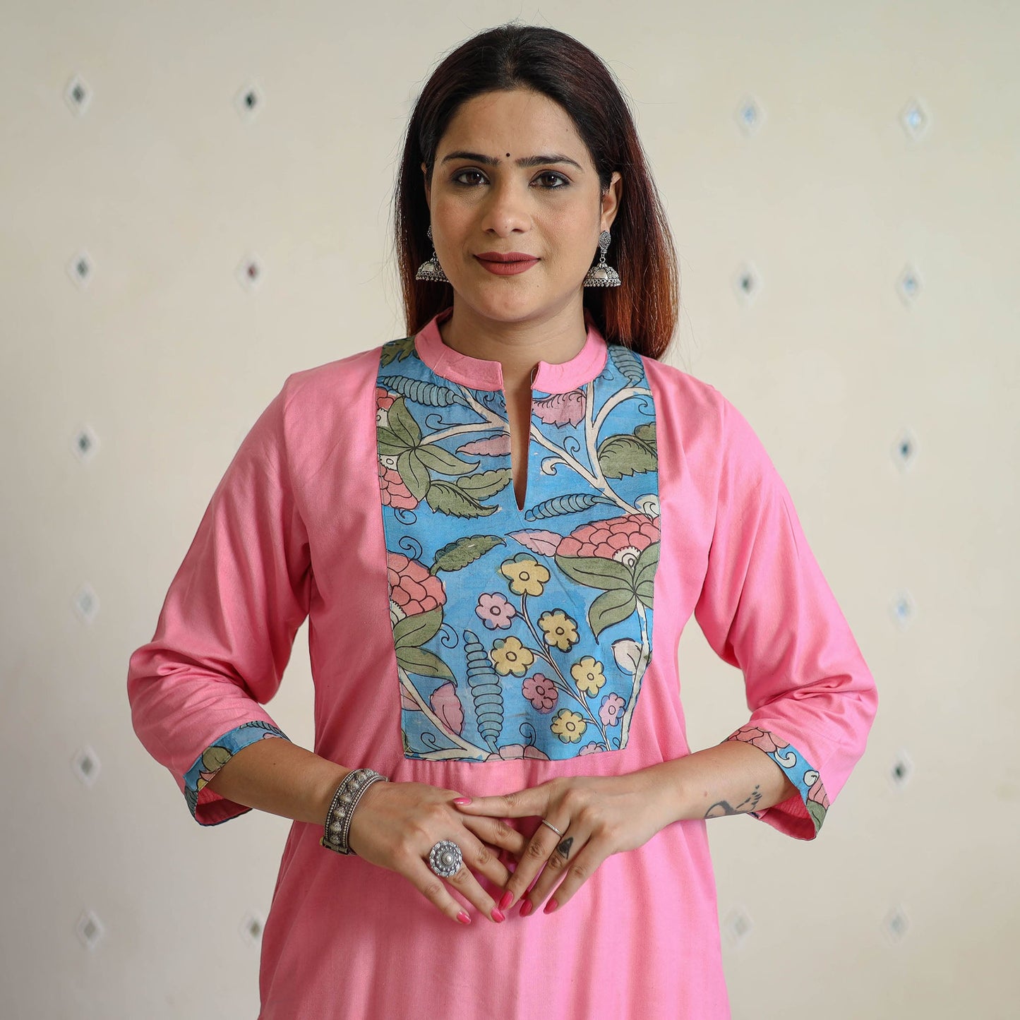 Buy Srikalahasti Kalamkari Patchwork Plain Linen Cotton Long Straight Kurta 29 Online at iTokri.com