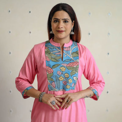 Buy Srikalahasti Kalamkari Patchwork Plain Linen Cotton Long Straight Kurta 29 Online at iTokri.com