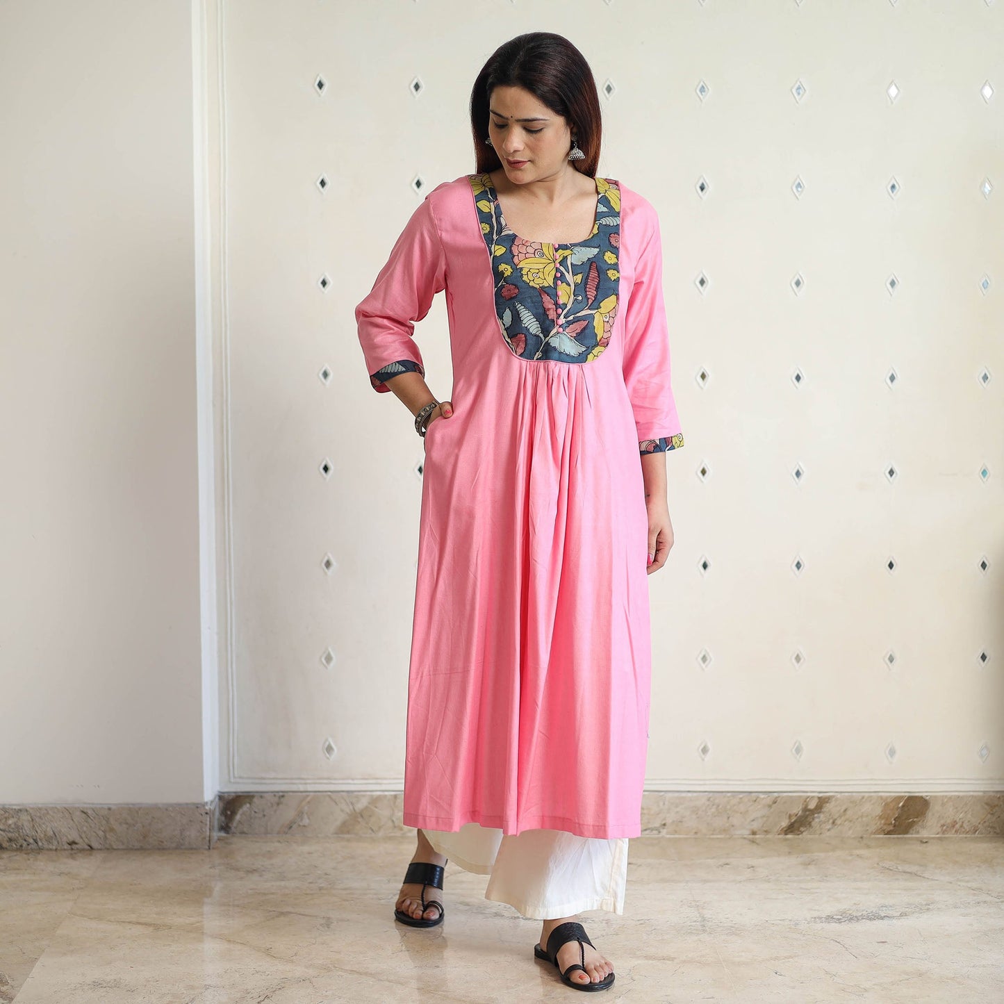 Buy Srikalahasti Kalamkari Patchwork Plain Linen Cotton Long A-Line Kurta 28 Online at iTokri.com
