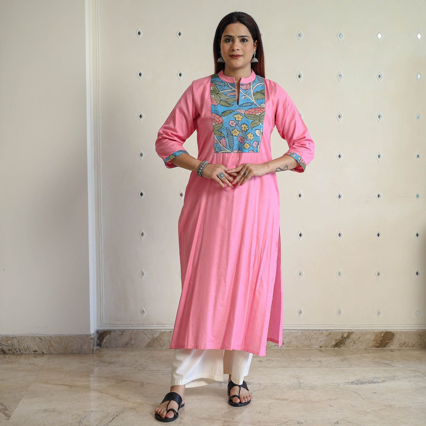 Buy Srikalahasti Kalamkari Patchwork Plain Linen Cotton Long Straight Kurta 29 Online at iTokri.com