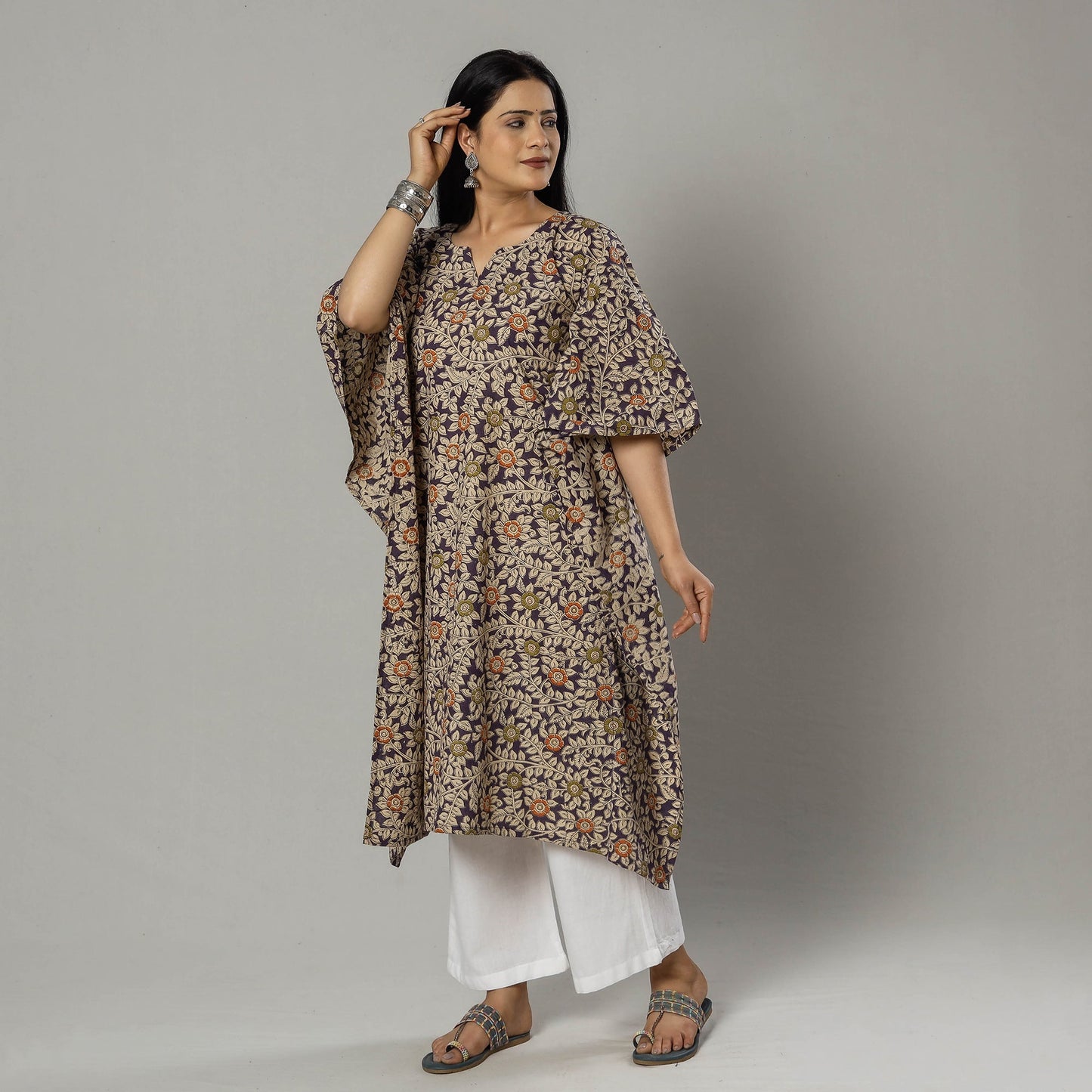Cornflower Blue Kalamkari Print Cotton Kaftan Kurta For Women
