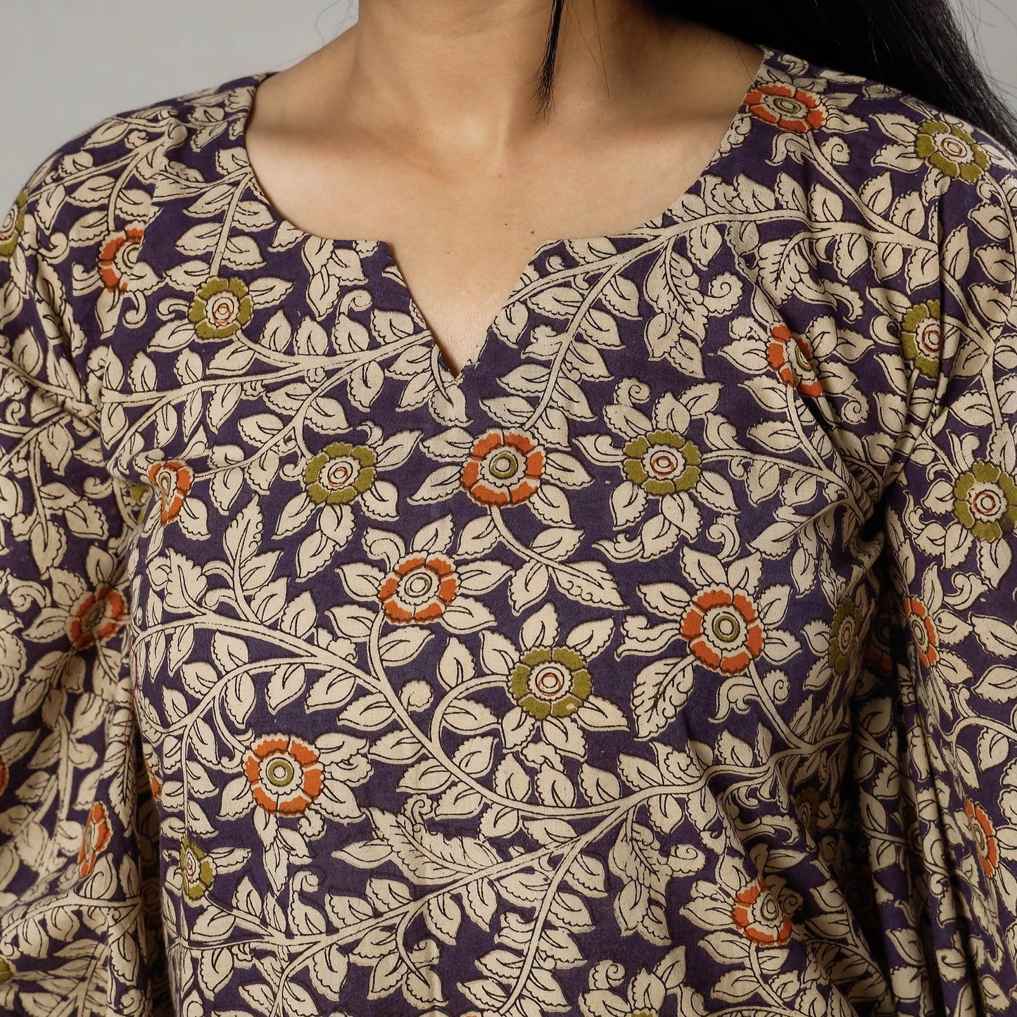 Cornflower Blue Kalamkari Print Cotton Kaftan Kurta For Women