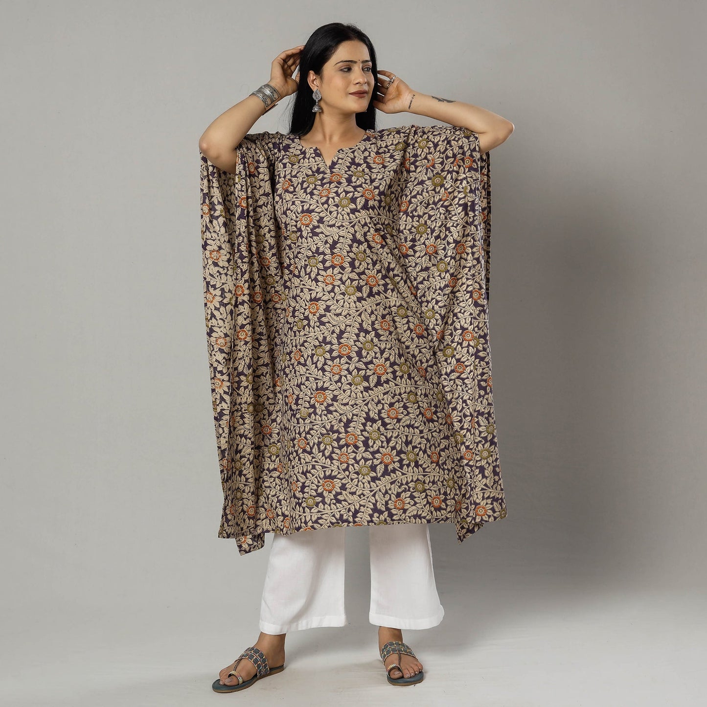 Cornflower Blue Kalamkari Print Cotton Kaftan Kurta For Women