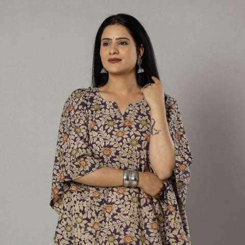 Cornflower Blue Kalamkari Print Cotton Kaftan Kurta For Women
