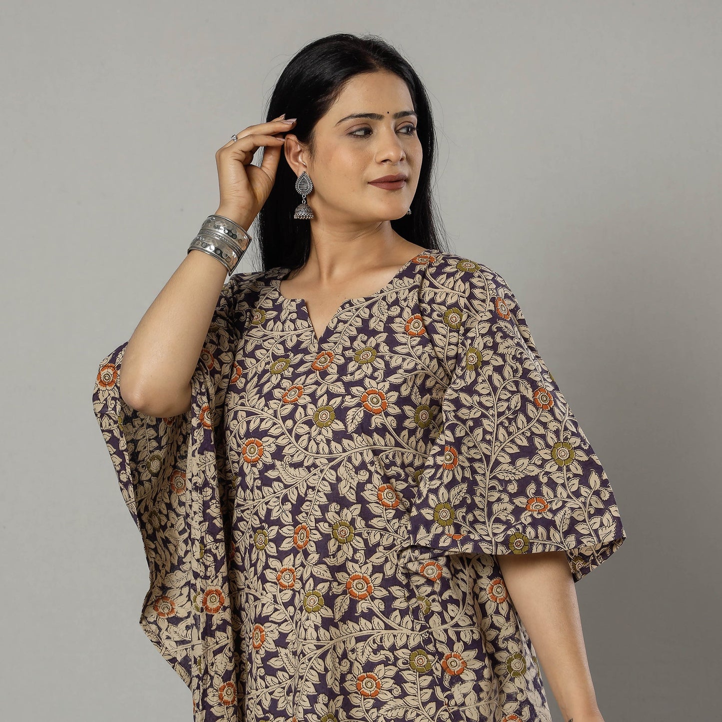 Cornflower Blue Kalamkari Print Cotton Kaftan Kurta For Women
