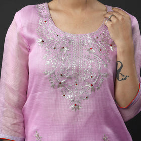 Light Purple Kota Doria Pure Silk Kurta with Palazzo & Dupatta Set