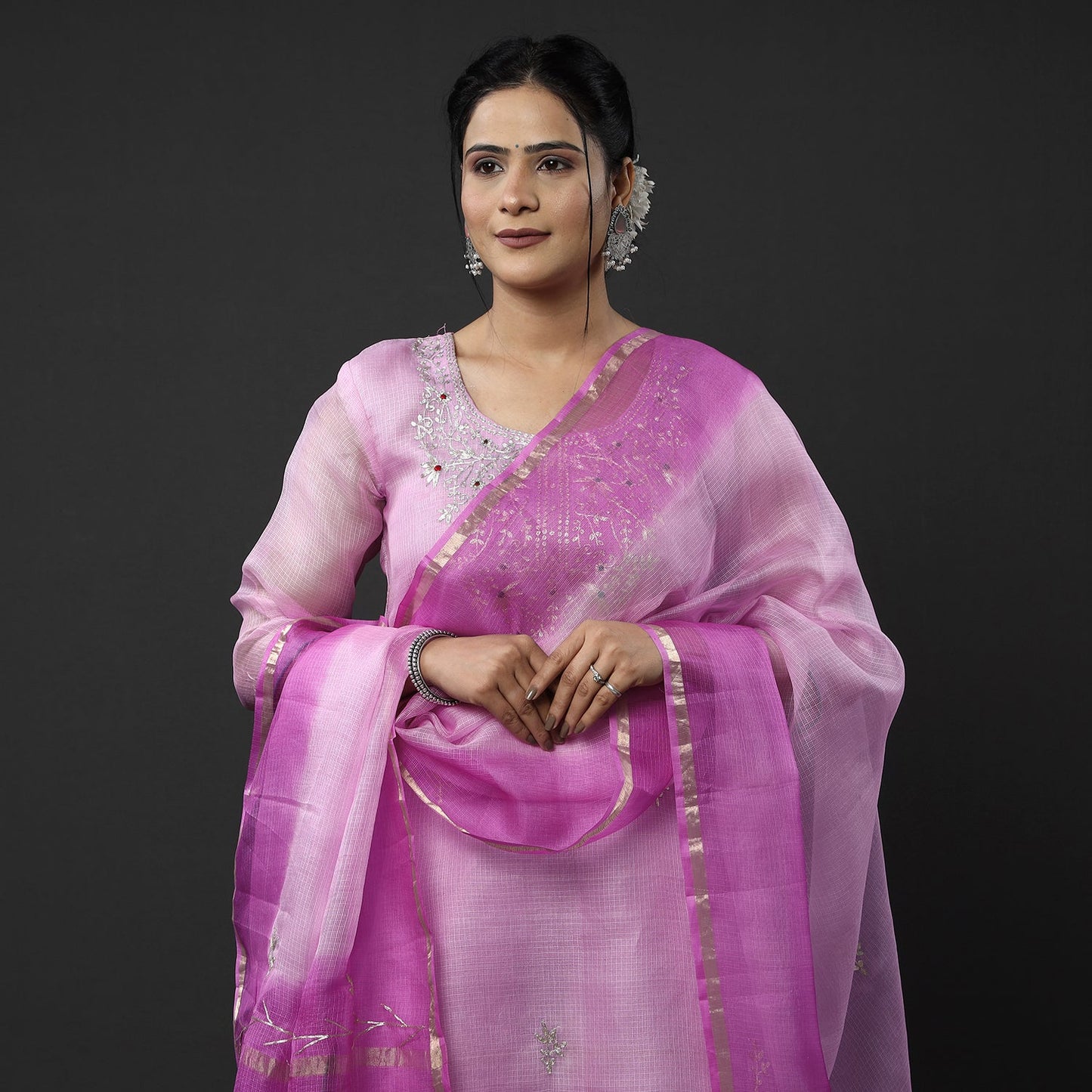 Light Purple Kota Doria Pure Silk Kurta with Palazzo & Dupatta Set