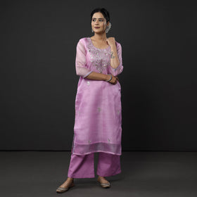 Light Purple Kota Doria Pure Silk Kurta with Palazzo & Dupatta Set