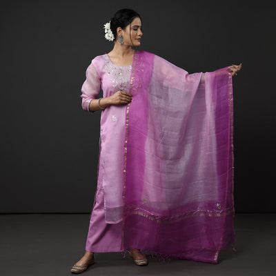 Light Purple Kota Doria Pure Silk Kurta with Palazzo & Dupatta Set