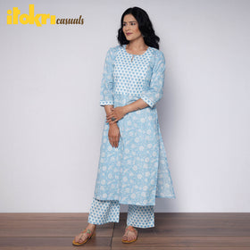 Light sky blue sanganeri hand printed cotton kurta