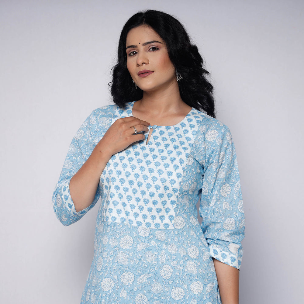 Light sky blue sanganeri hand printed cotton kurta