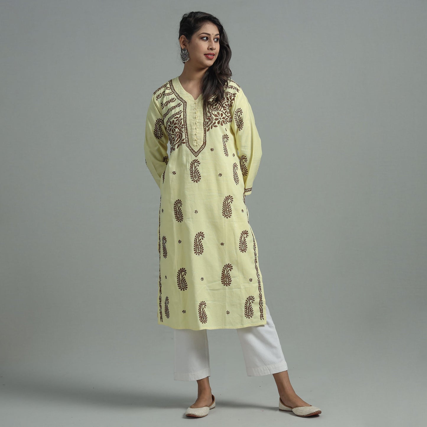 Light Yellow Chikankari Hand Embroidered Cotton Long Kurta for Women 