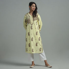 Light Yellow Chikankari Hand Embroidered Cotton Long Kurta for Women 