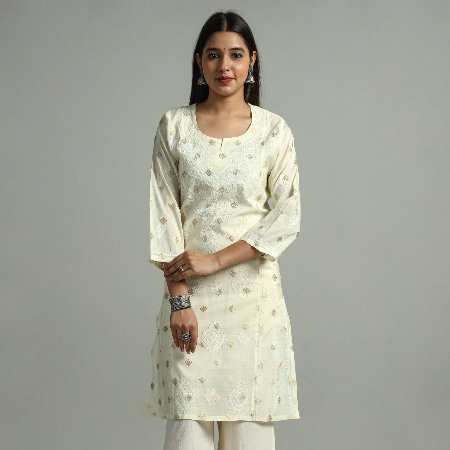  Chikankari Hand Embroidered Silk Cotton Kurta with Zari Work 