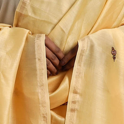 Light yellow - hand embroidered chanderi silk handloom