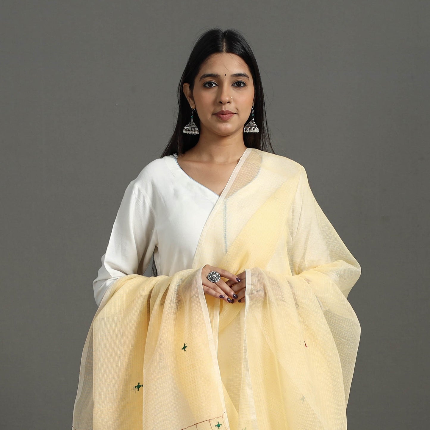  Light Yellow Hand Embroidery Cotton Kota Doria Dupatta