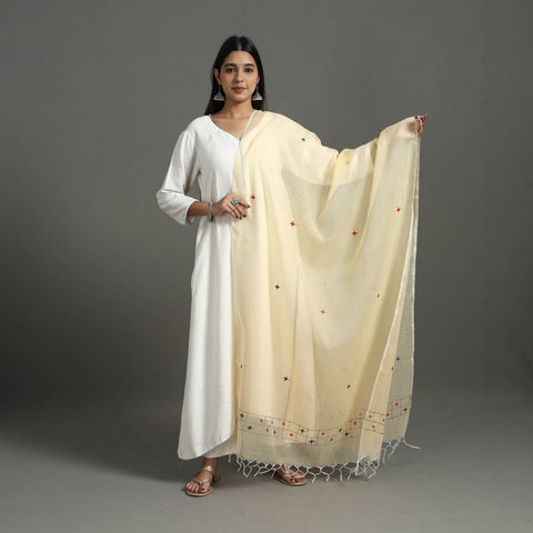  Light Yellow Hand Embroidery Cotton Kota Doria Dupatta