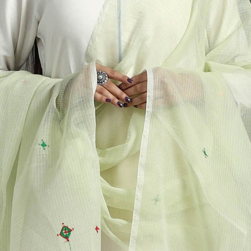  Light Yellow Hand Embroidery Cotton Kota Doria Dupatta