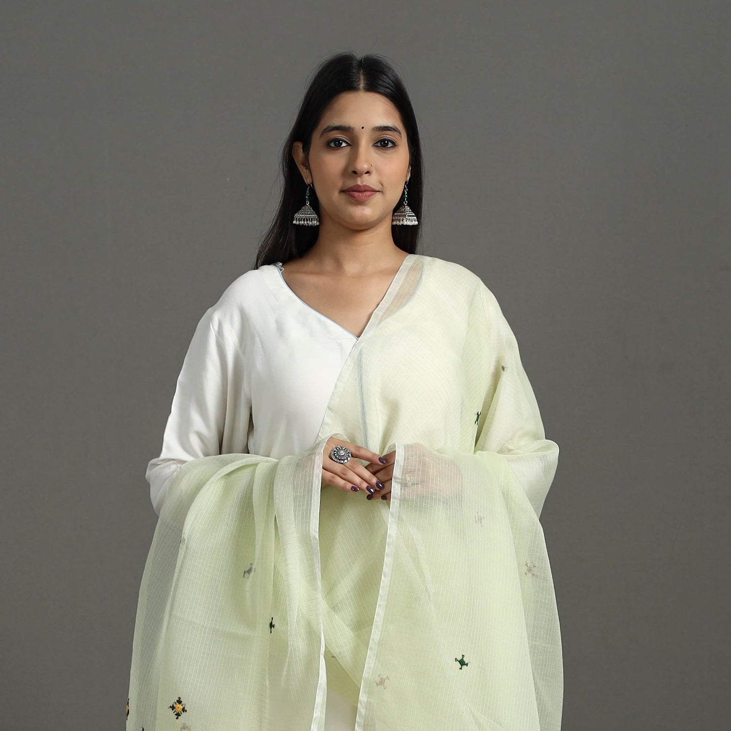  Light Yellow Hand Embroidery Cotton Kota Doria Dupatta