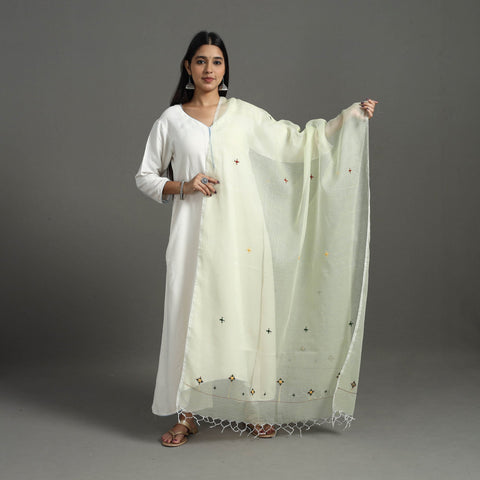  Light Yellow Hand Embroidery Cotton Kota Doria Dupatta