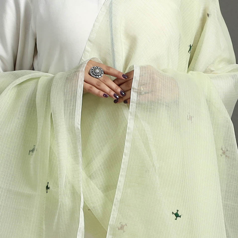  Light Yellow Hand Embroidery Cotton Kota Doria Dupatta