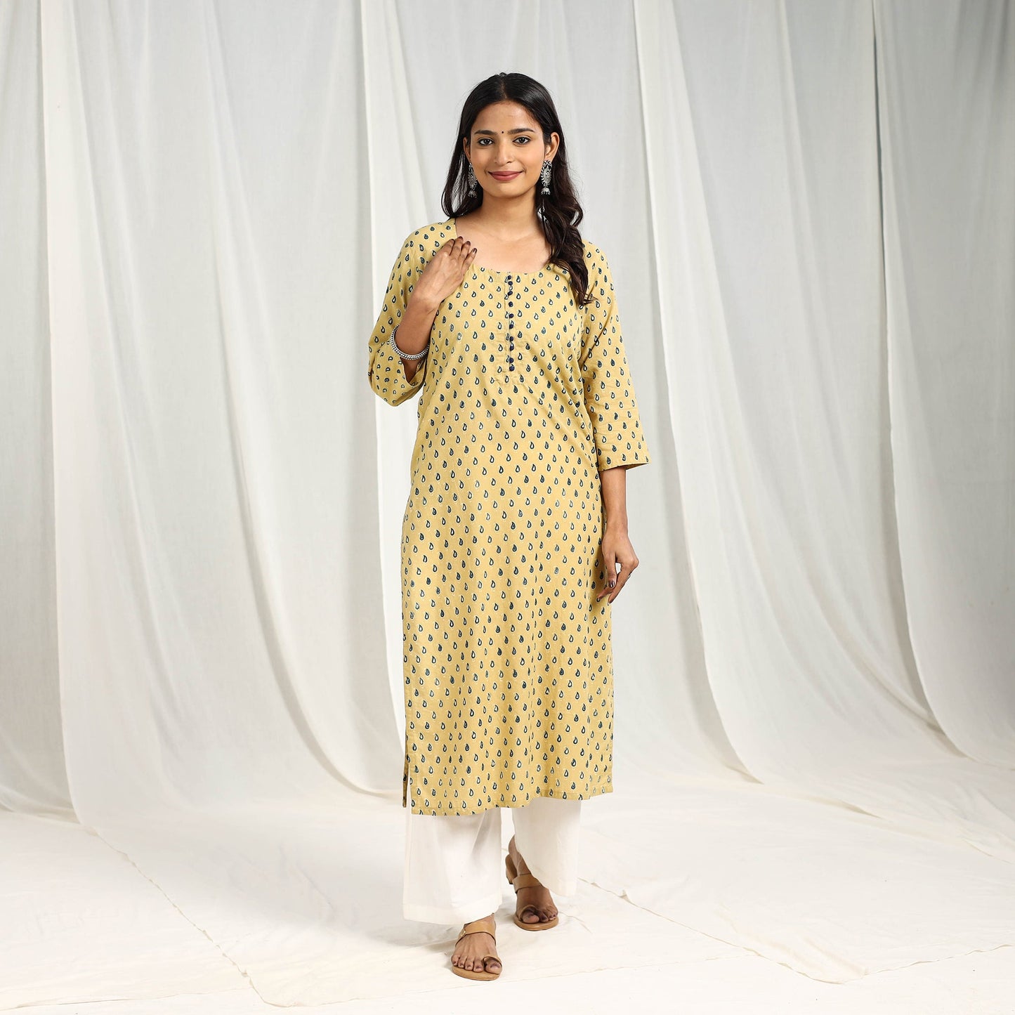 Light Yellow Block Print Cotton Straight Ajrakh Kurta for Women