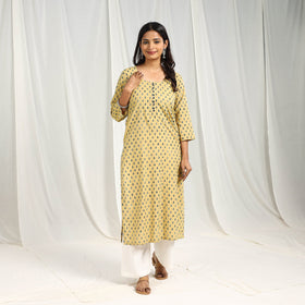 Light Yellow Block Print Cotton Straight Ajrakh Kurta for Women