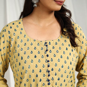 Light Yellow Block Print Cotton Straight Ajrakh Kurta for Women