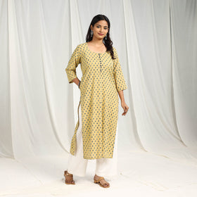 Light Yellow Block Print Cotton Straight Ajrakh Kurta for Women