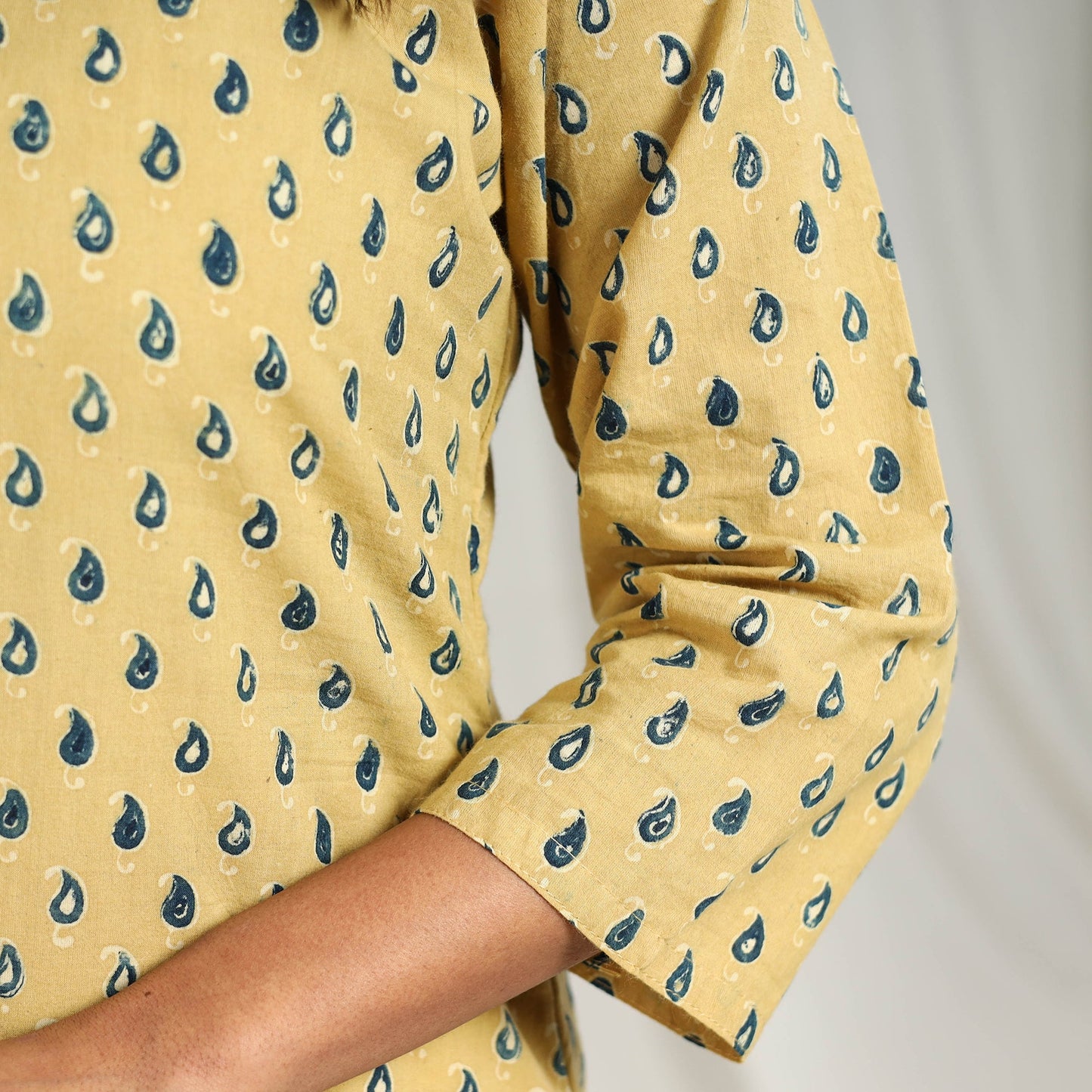 Light Yellow Block Print Cotton Straight Ajrakh Kurta for Women