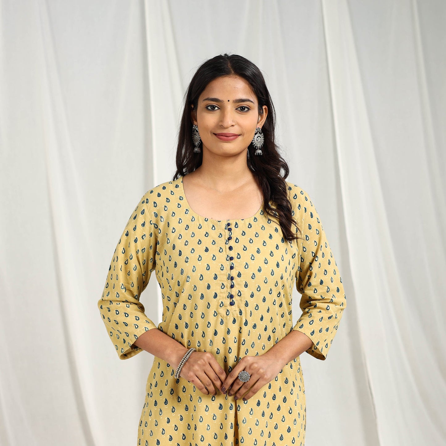 Light Yellow Block Print Cotton Straight Ajrakh Kurta for Women