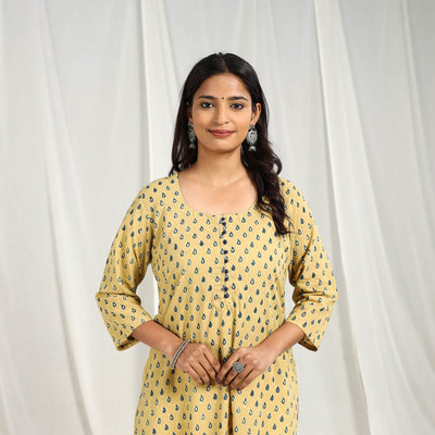 Light Yellow Block Print Cotton Straight Ajrakh Kurta for Women