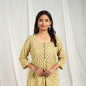 Light Yellow Block Print Cotton Straight Ajrakh Kurta for Women