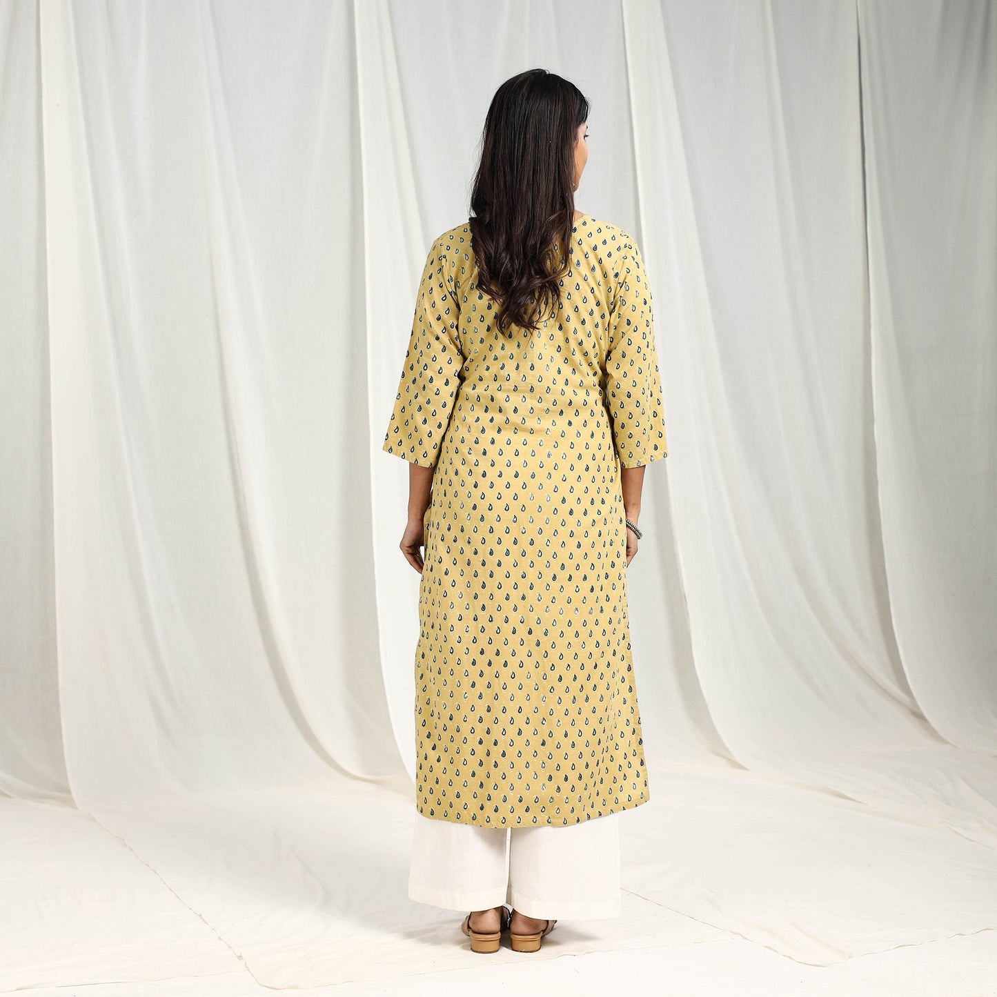 Light Yellow Block Print Cotton Straight Ajrakh Kurta for Women