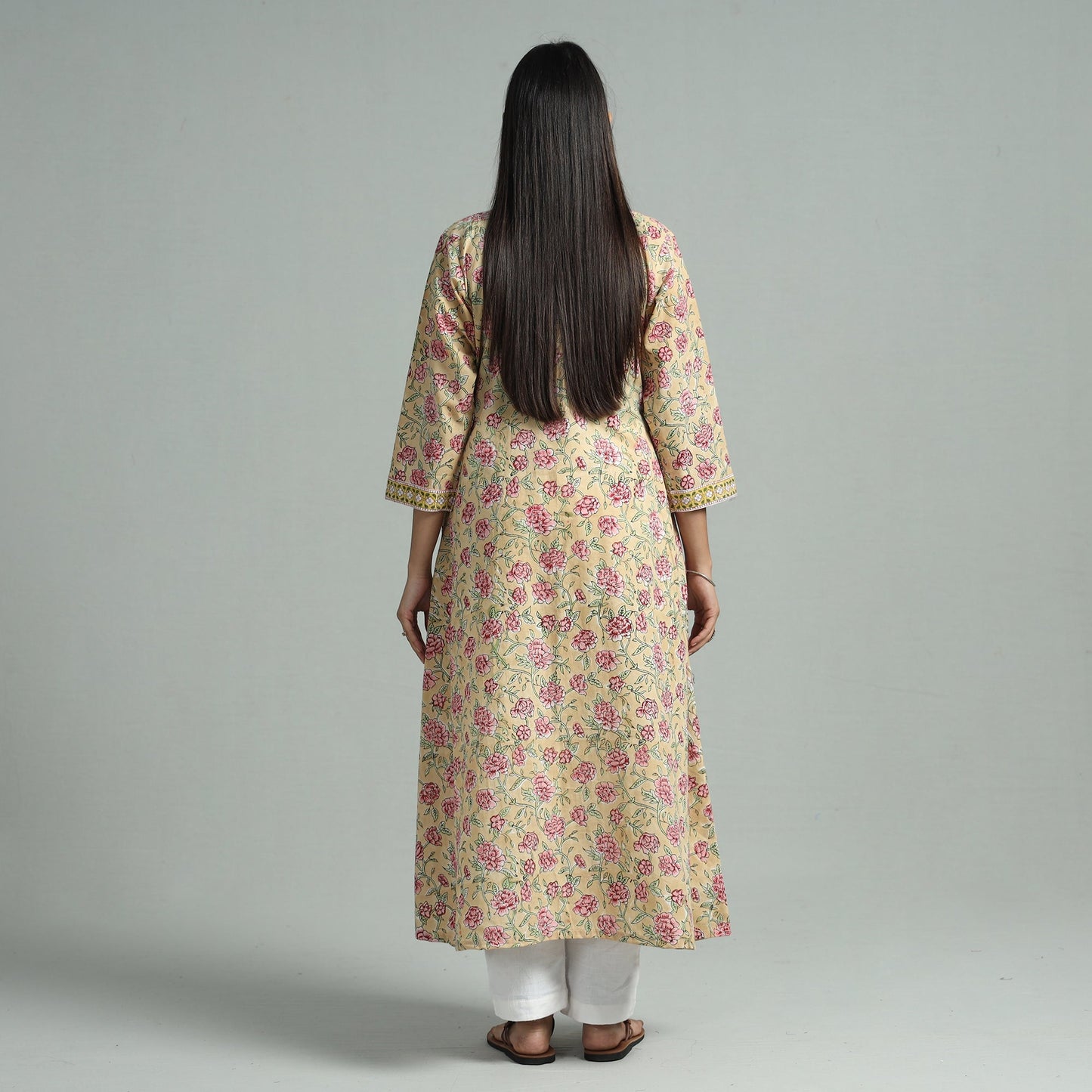 Light yellow - sanganeri block printed cotton a-line kurta