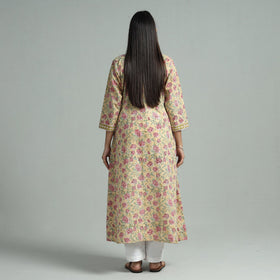 Light yellow - sanganeri block printed cotton a-line kurta