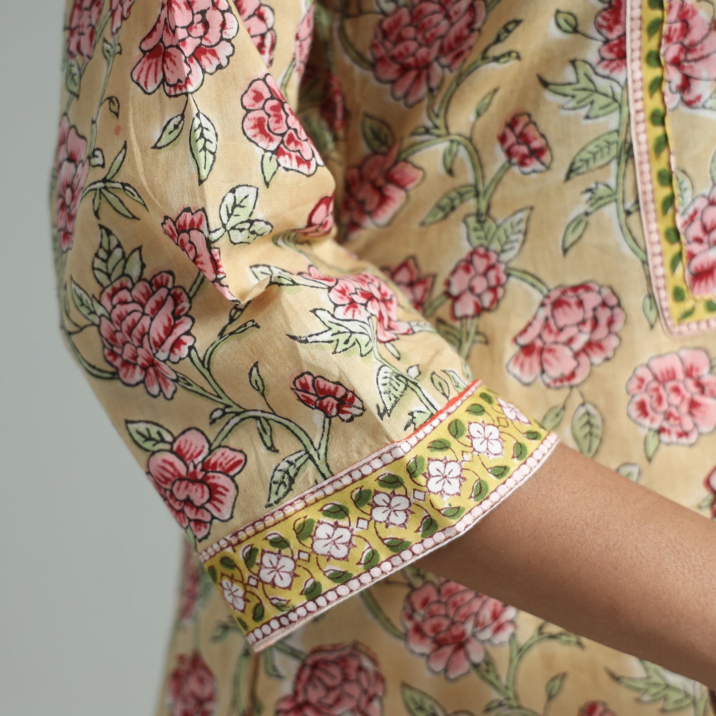 Light yellow - sanganeri block printed cotton a-line kurta