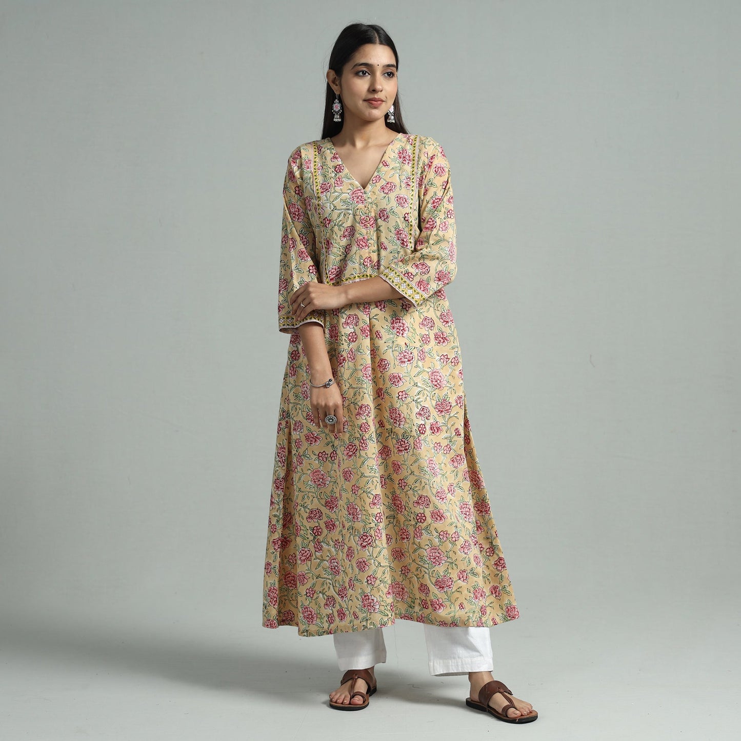 Light yellow - sanganeri block printed cotton a-line kurta