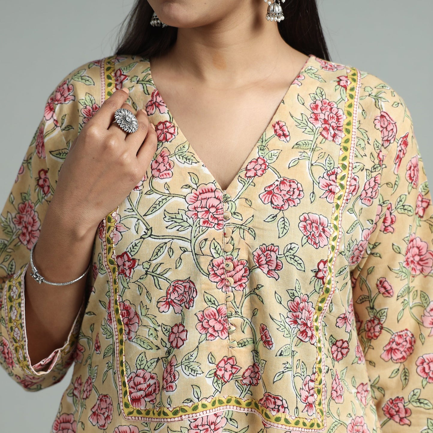 Light yellow - sanganeri block printed cotton a-line kurta