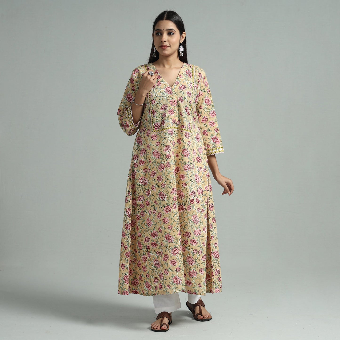 Light yellow - sanganeri block printed cotton a-line kurta