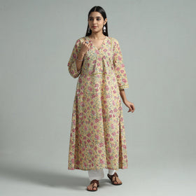 Light yellow - sanganeri block printed cotton a-line kurta