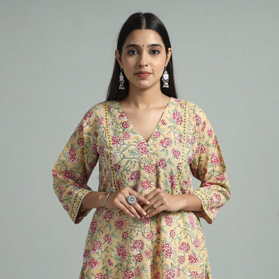 Light yellow - sanganeri block printed cotton a-line kurta
