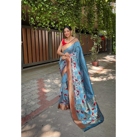 Blue - Titli Light Denim Banarasi Silk Handwork Saree