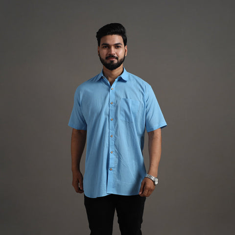 Buy Light Blue Plain Cotton Men Half Sleeve Shirt