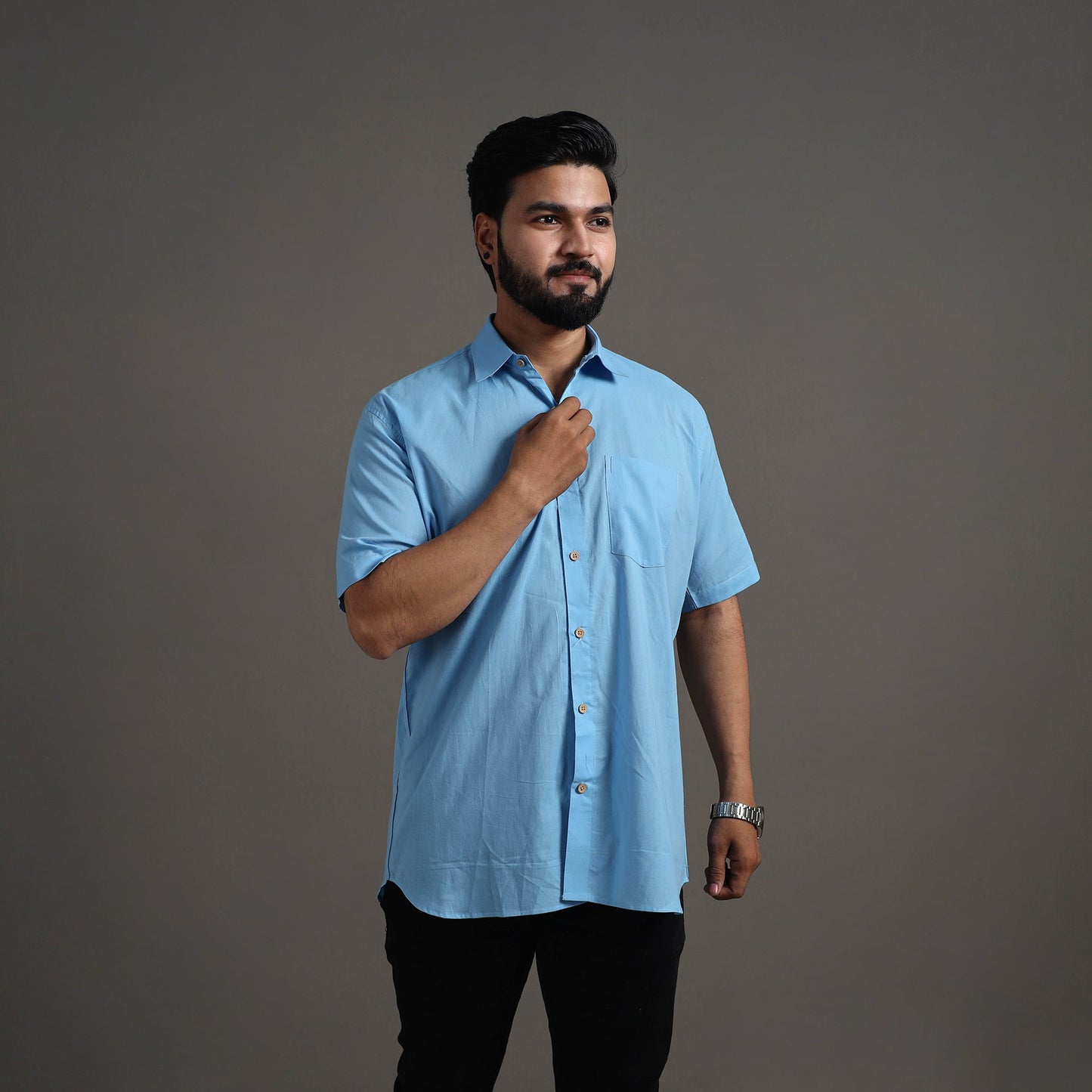 Buy Light Blue Plain Cotton Men Half Sleeve Shirt
