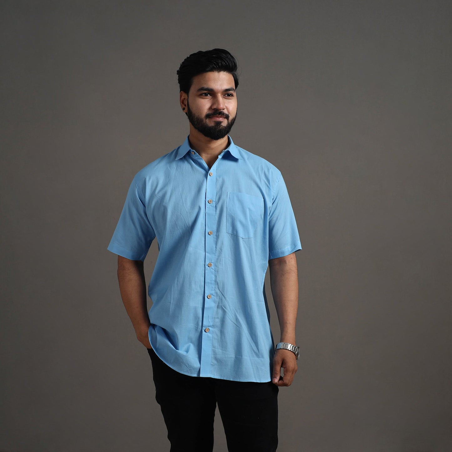 Buy Light Blue Plain Cotton Men Half Sleeve Shirt