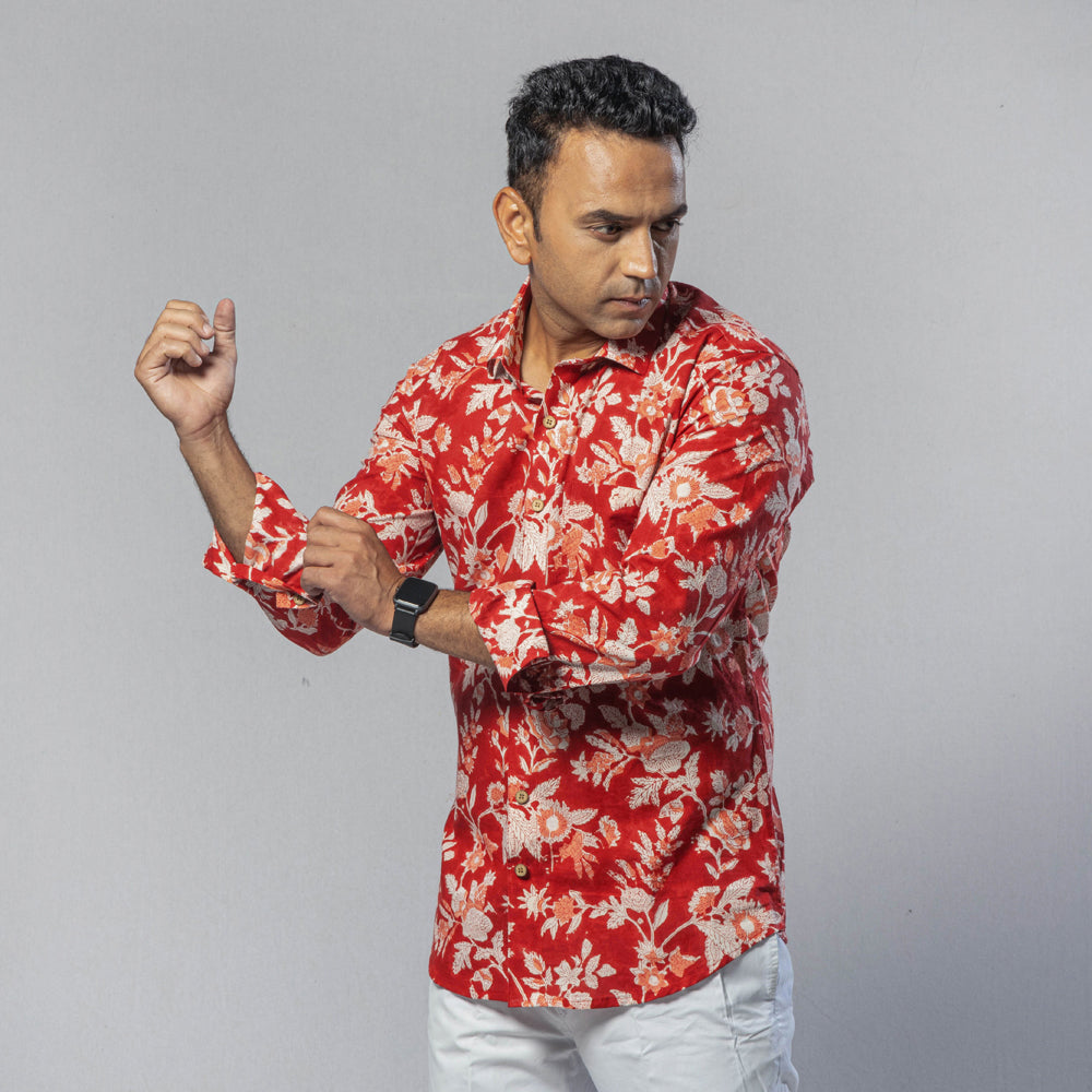 Lily flower red color - men full sleeve cotton printed