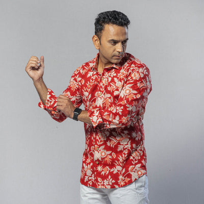 Lily flower red color - men full sleeve cotton printed