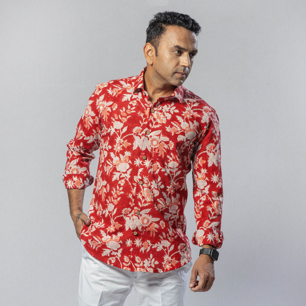 Lily flower red color - men full sleeve cotton printed